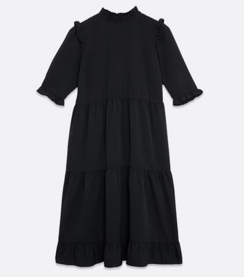 Petite Black Frill Puff Sleeve Midi Dress New Look