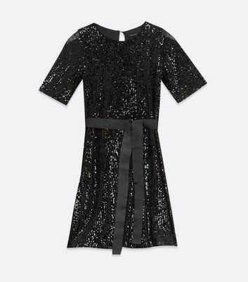 Black Sequin Belted Mini Dress New Look