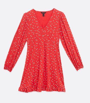 Red Ditsy Floral Long Sleeve Tea Dress New Look