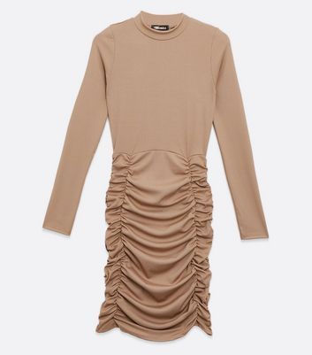 Camel Ribbed High Neck Ruched Dress New Look
