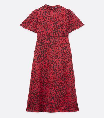 Petite Red Satin Leopard Print High Neck Midi Dress New Look