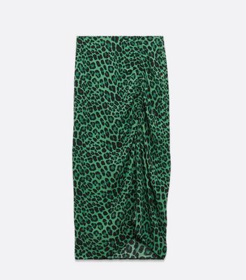 Green Leopard Print Ruched Midi Skirt New Look