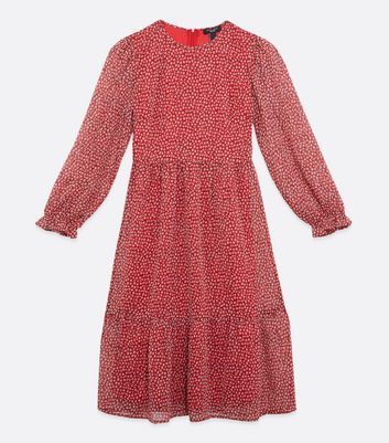 Petite Red Ditsy Floral Long Sleeve Midi Dress New Look
