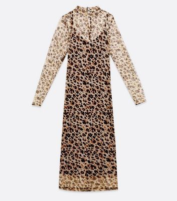 Brown Leopard Print Mesh Bodycon Midi Dress New Look