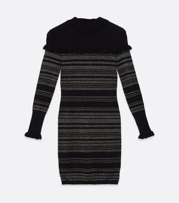 Black Glitter Stripe Frill Trim Knit Dress New Look
