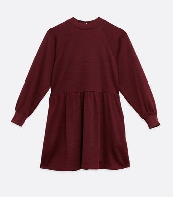 Petite Burgundy Puff Sleeve Sweatshirt Smock Dress New Look