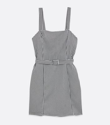 Black Dogtooth Belted Pinafore Dress New Look