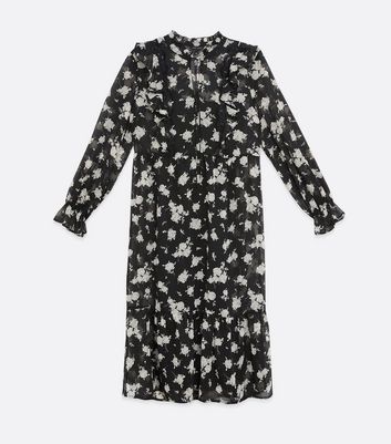 Black Floral Lace Chiffon Smock Midi Dress New Look