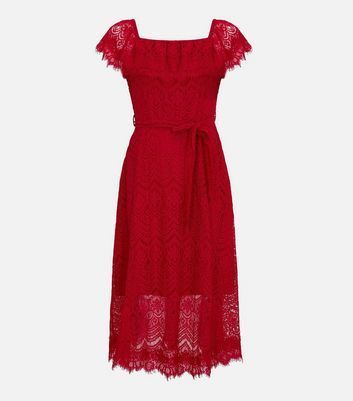 Red Lace Bardot Midi Dress New Look
