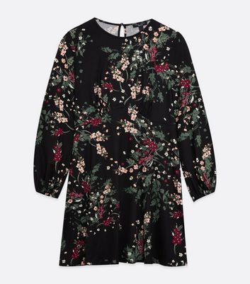 Petite Black Floral Soft Touch Skater Dress New Look
