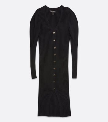 Black Ribbed Puff Sleeve Button Midi Dress New Look