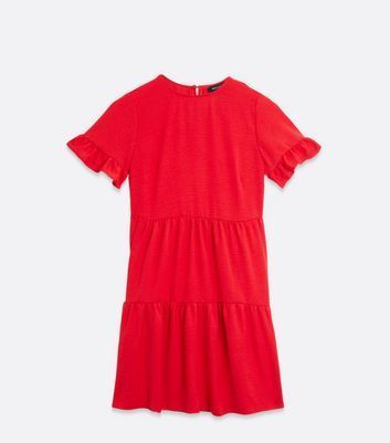 Red Herringbone Frill Sleeve Tiered Mini Smock Dress New Look