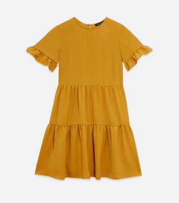 Mustard Herringbone Frill Sleeve Tiered Smock Dress New Look