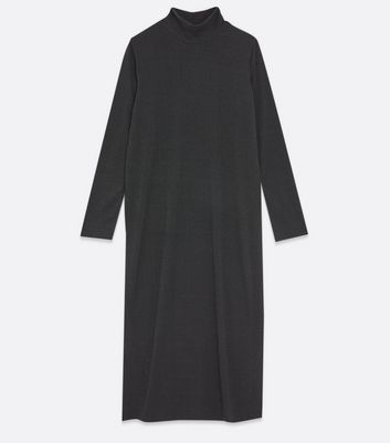 Black Ribbed Jersey High Neck Midi Dress New Look