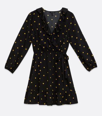 Black Spot Frill Wrap Mini Dress New Look