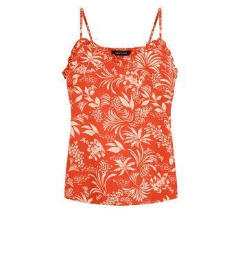 Red Tropical Floral Frill Trim Cami New Look