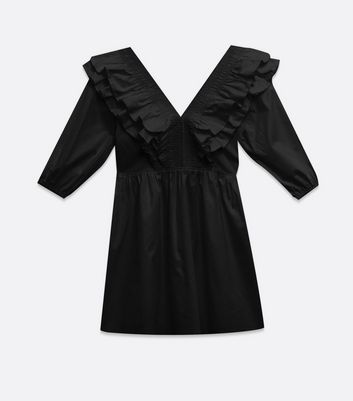 Black Poplin Ruffle Mini Dress New Look