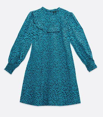 Blue Leopard Print Frill Smock Dress New Look