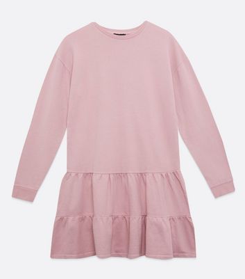 Mid Pink Acid Wash Tiered Sweatshirt Dress New Look