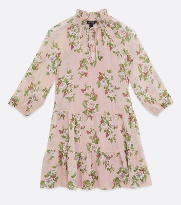 Pink Floral Tie Neck Chiffon Smock Dress New Look