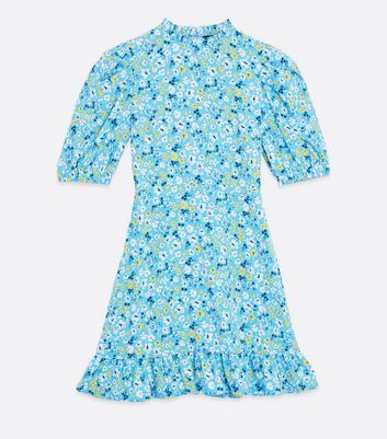 Blue Ditsy Floral High Neck Mini Dress New Look
