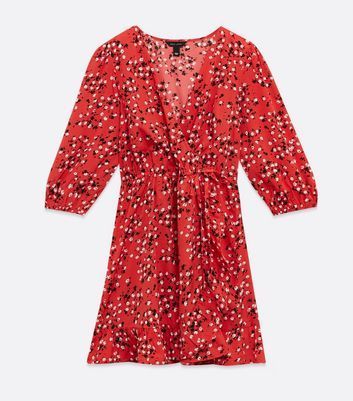 Red Ditsy Floral Wrap Frill Mini Dress New Look