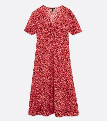 Red Ditsy Floral Short Puff Sleeve Midi Tea Dress New Look