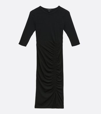 Black Ribbed Ruched Front Midi Dress New Look