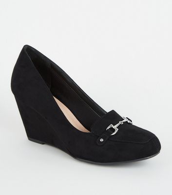 Black Comfort Suedette Loafer Wedges New Look
