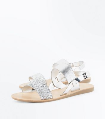 Silver Metallic and Glitter Flat Sandals New Look