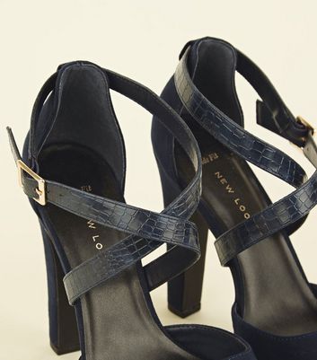 Wide Fit Navy Faux Snake Cross Strap Platforms New Look