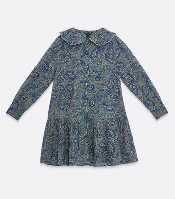 Blue Paisley Print Chiffon Collared Mini Dress New Look