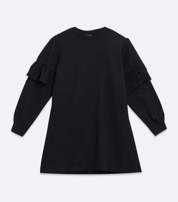 Petite Black Frill Trim Sweatshirt Dress New Look