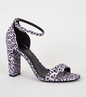 Wide Fit Lilac Satin Leopard Print Block Heels New Look