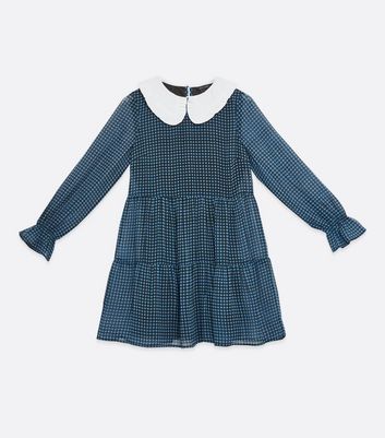 Blue Gingham Chiffon Frill Collar Mini Dress New Look