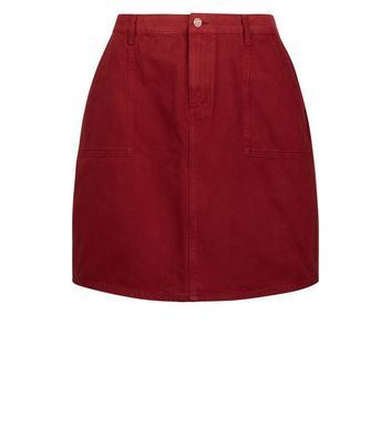 Curves Burgundy Denim Utility Skirt New Look