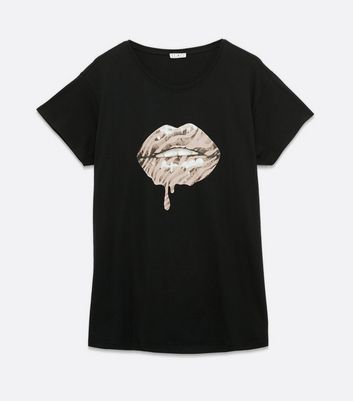 Curves Black Metallic Animal Print Lips Logo T-Shirt New Look