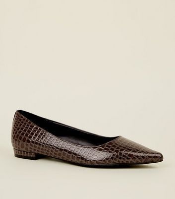 Dark Grey Faux Croc Patent Pointed Pumps New Look