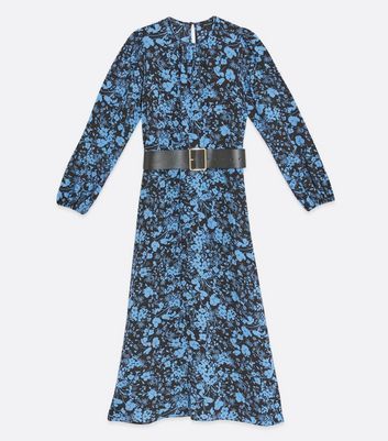 Blue Floral Belted Midi Dress New Look