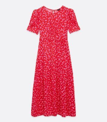 Red Ditsy Floral Ruched Puff Sleeve Midi Dress New Look