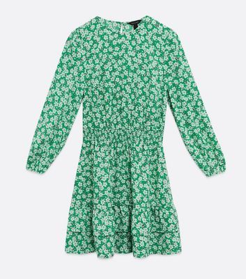 Green Floral Shirred Tiered Mini Dress New Look