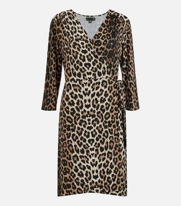 Dark Brown Leopard Print Wrap Dress New Look