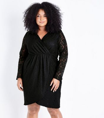 Curves Black Lace Wrap Front Dress New Look