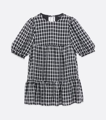 Petite Black Check Tiered Puff Sleeve Dress New Look