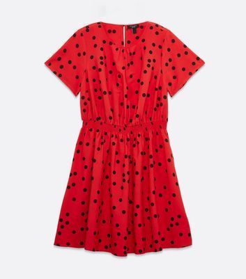 Curves Red Spot Shirred Mini Dress New Look