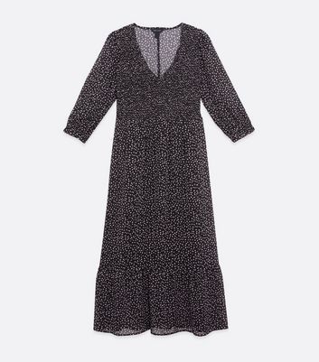 Black Spot Shirred Chiffon Midi Dress New Look