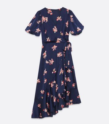 Navy Satin Floral Puff Sleeve Wrap Dress New Look