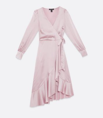 Pink Satin Long Sleeve Wrap Dress New Look