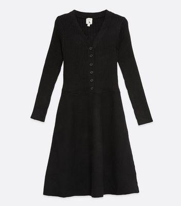 Black Knit Belted Button Skater Dress New Look