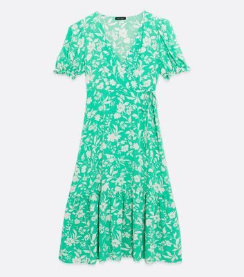 Green Floral Puff Sleeve Wrap Midi Dress New Look